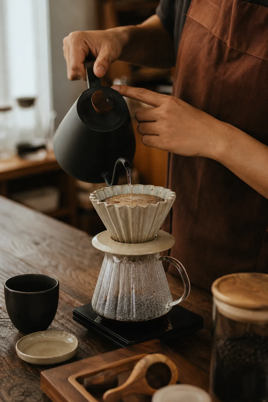 มือบาริสต้ากำลังชงกาแฟดริปในแสงเช้า