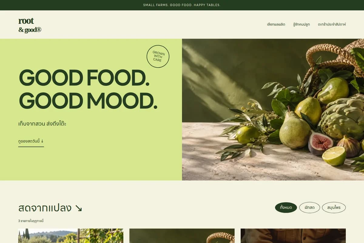 หน้าเว็บไซต์คอนเซปต์ root & good — ออร์แกนิก / สุขภาพ