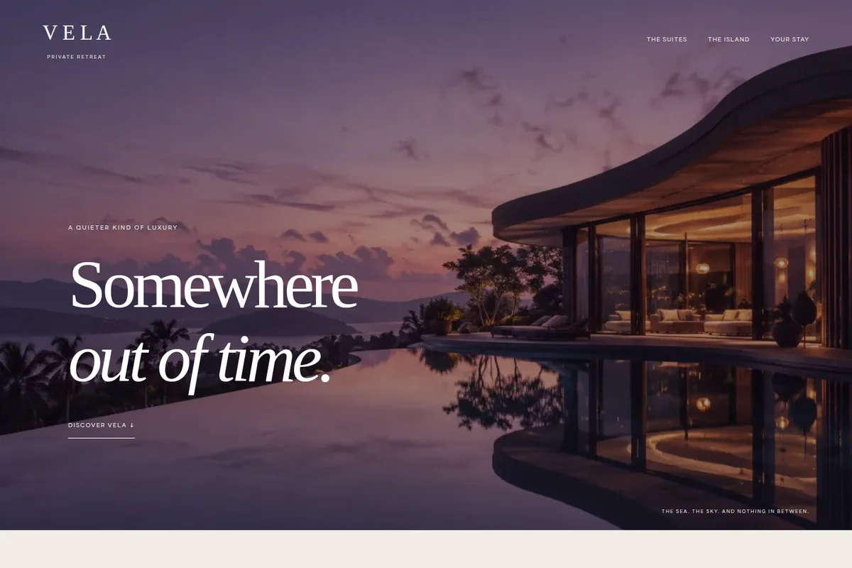 หน้าเว็บไซต์คอนเซปต์ VELA — โรงแรม / รีทรีต