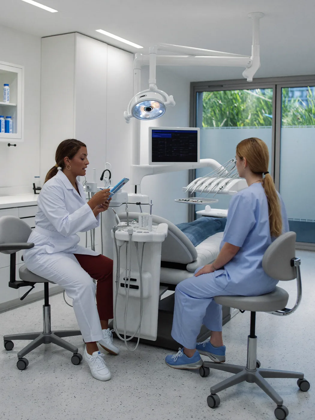 A dentist talking a patient through a treatment plan