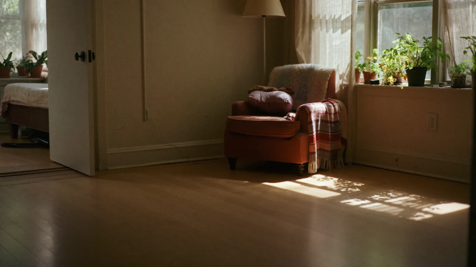 A front door left open on a bright afternoon