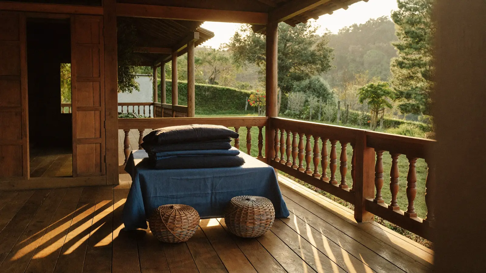 The open veranda of the teak house in late afternoon