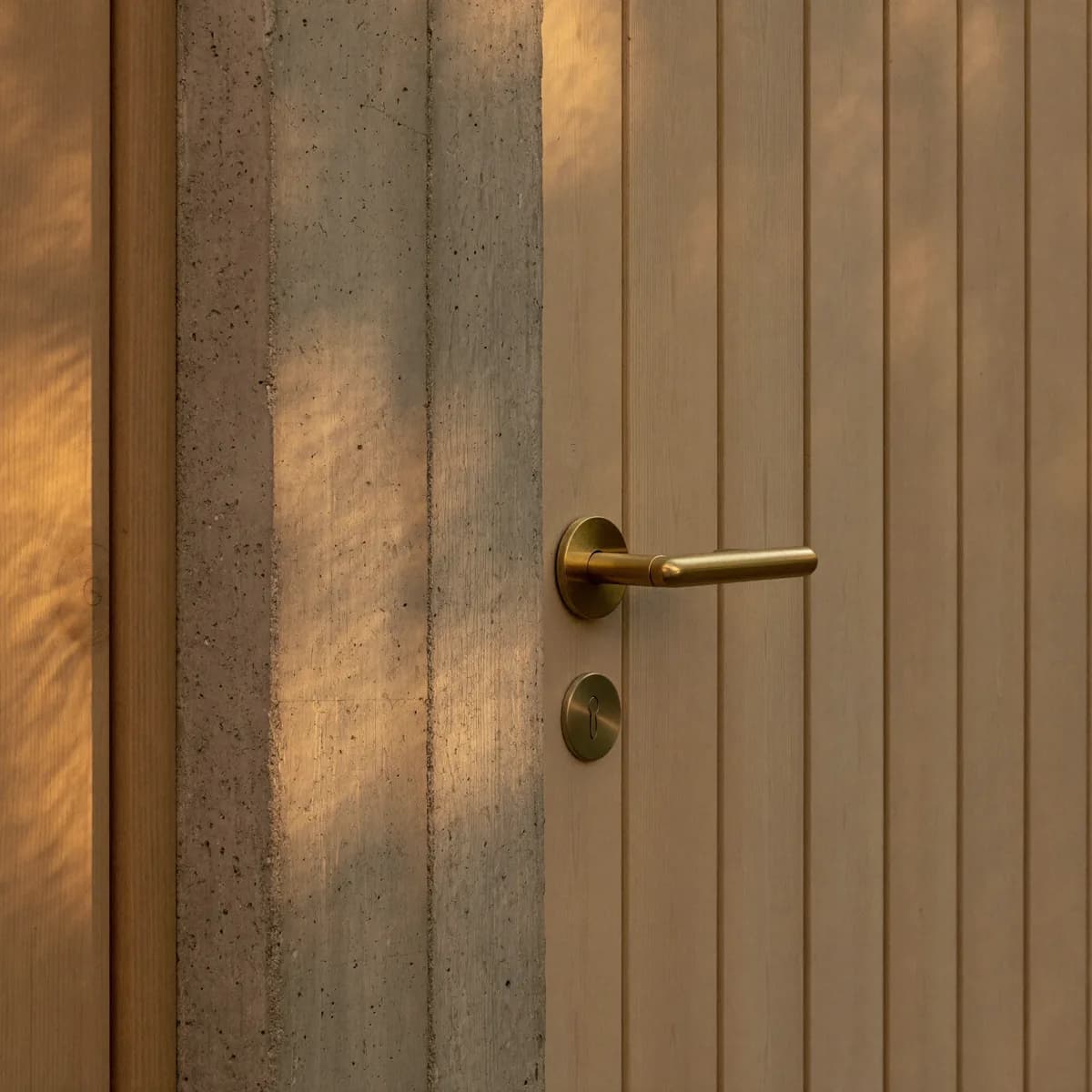 A brass lever handle where concrete meets pale oak