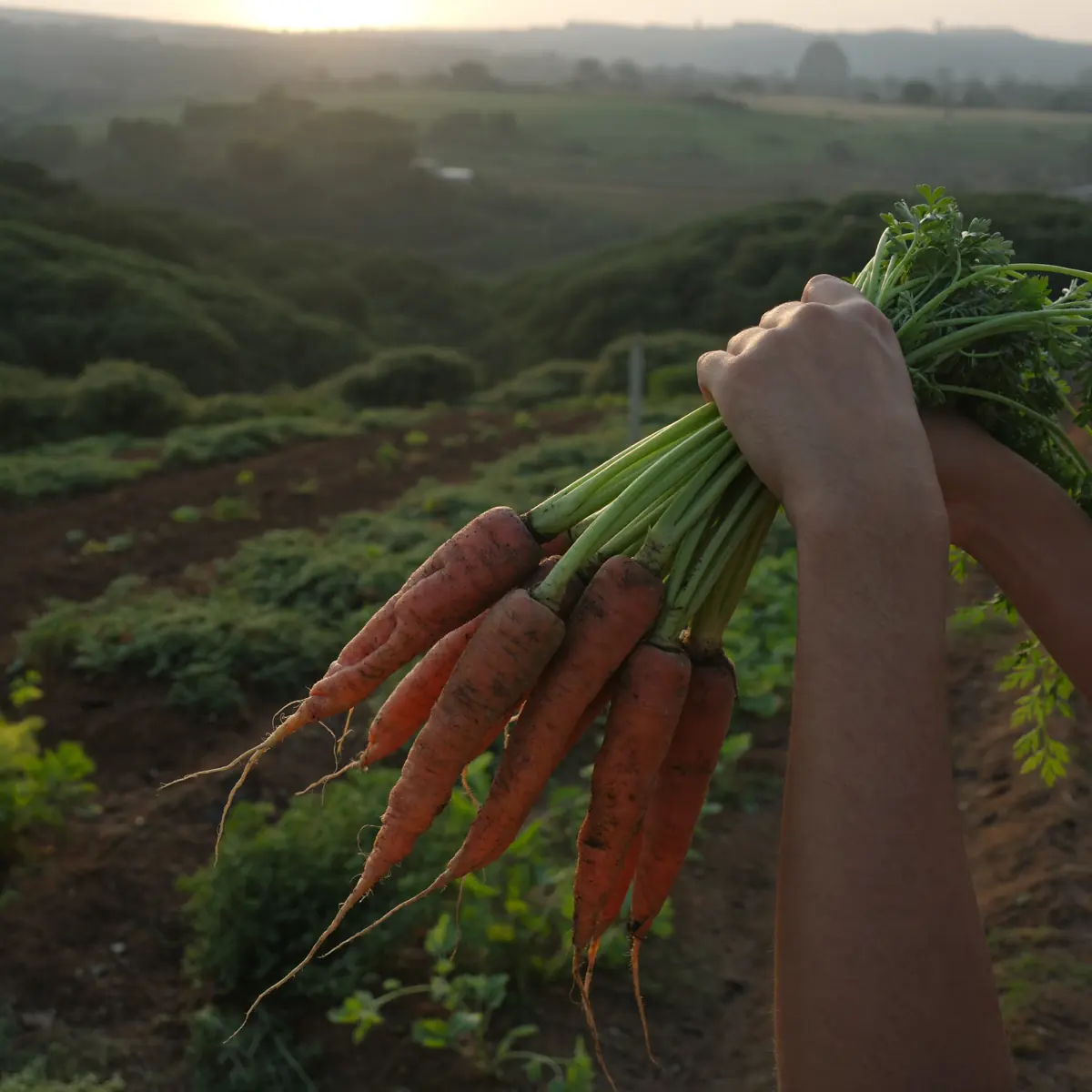 Soil-covered hands holding freshly pulled carrots